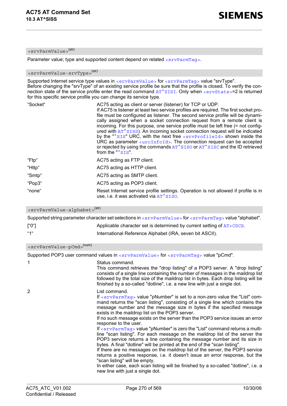 Srvparmvalue-alphabet, Srvparmvalue, R to | Srvparmvalue-srv, Type, Alphabet, Srvparmvalue-pcmd, For this par, Ac75 at command set | Siemens AC75 User Manual | Page 270 / 569