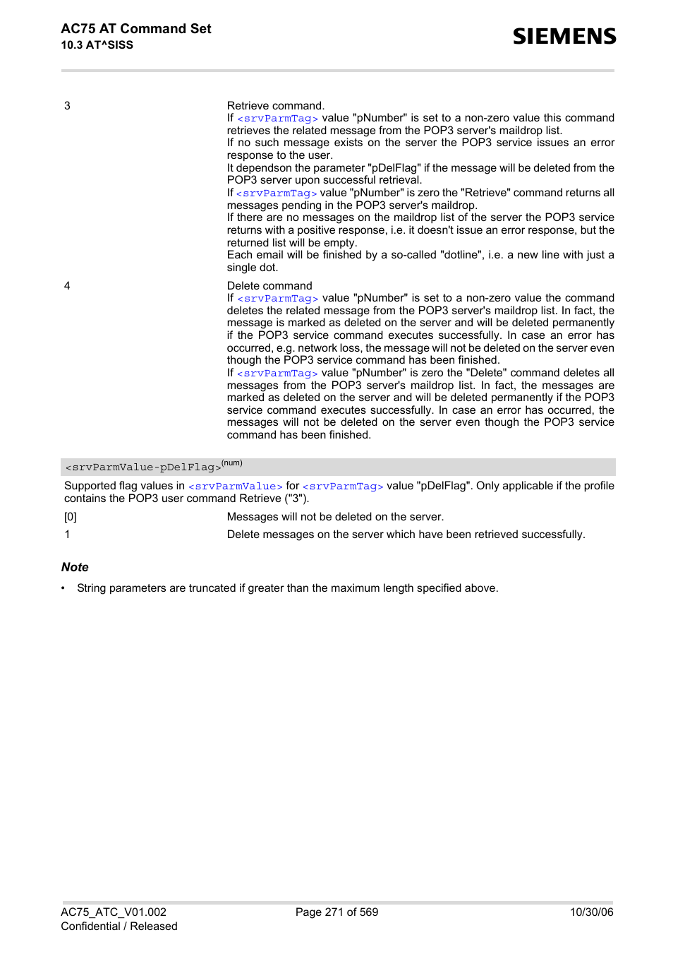 Srvparmvalue, Pdelflag, Ac75 at command set | Siemens AC75 User Manual | Page 271 / 569