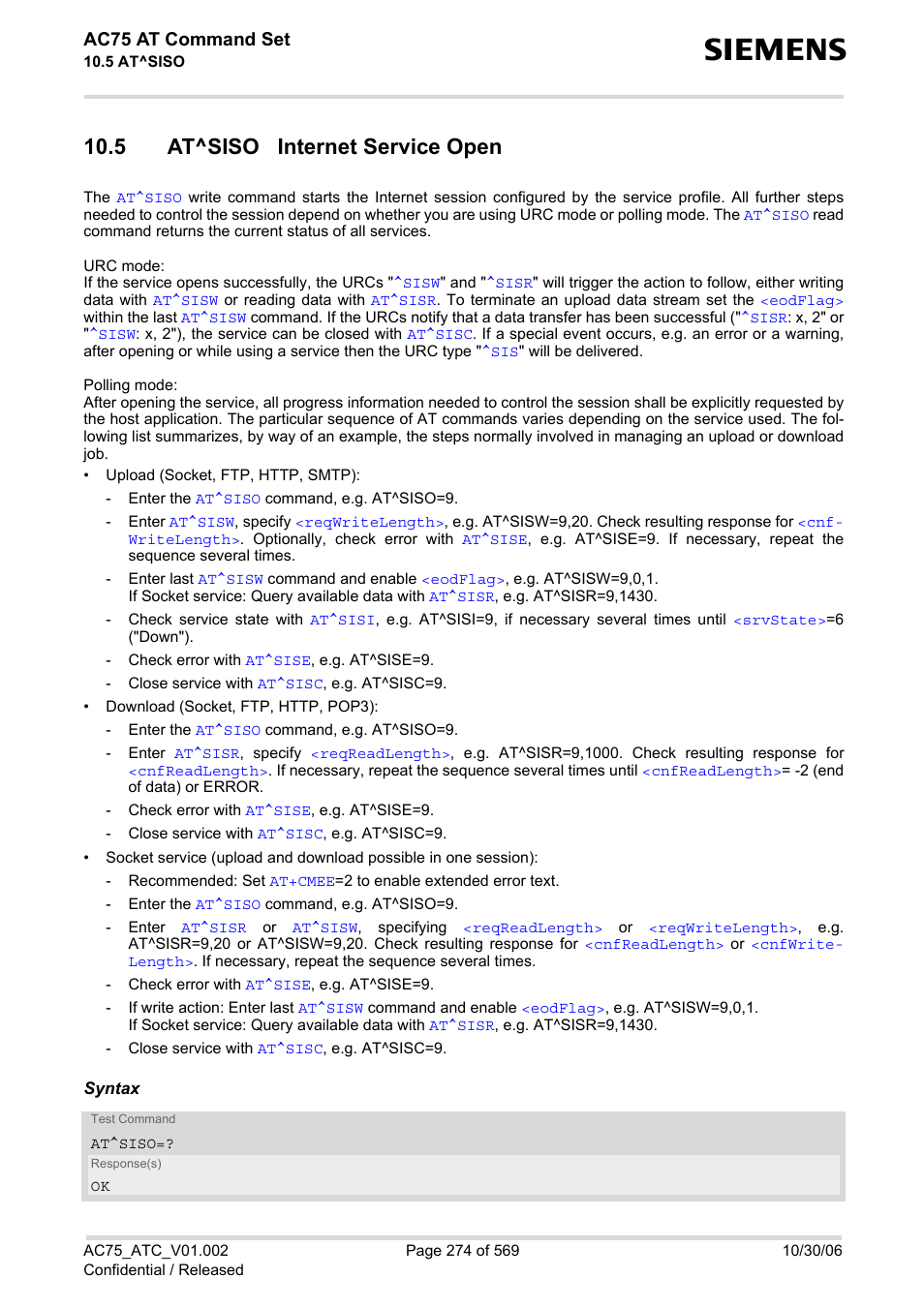 5 at^siso internet service open, At^siso, Ion opened with | Tivated via, Write command, Ac75 at command set | Siemens AC75 User Manual | Page 274 / 569