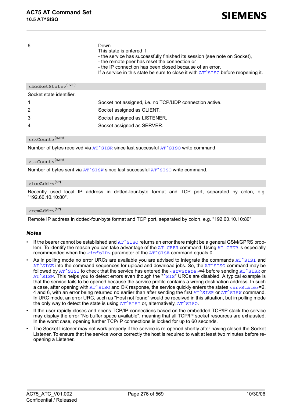 Rxcount, Txcount, Socketstate | Locaddr, Remaddr, Ac75 at command set | Siemens AC75 User Manual | Page 276 / 569