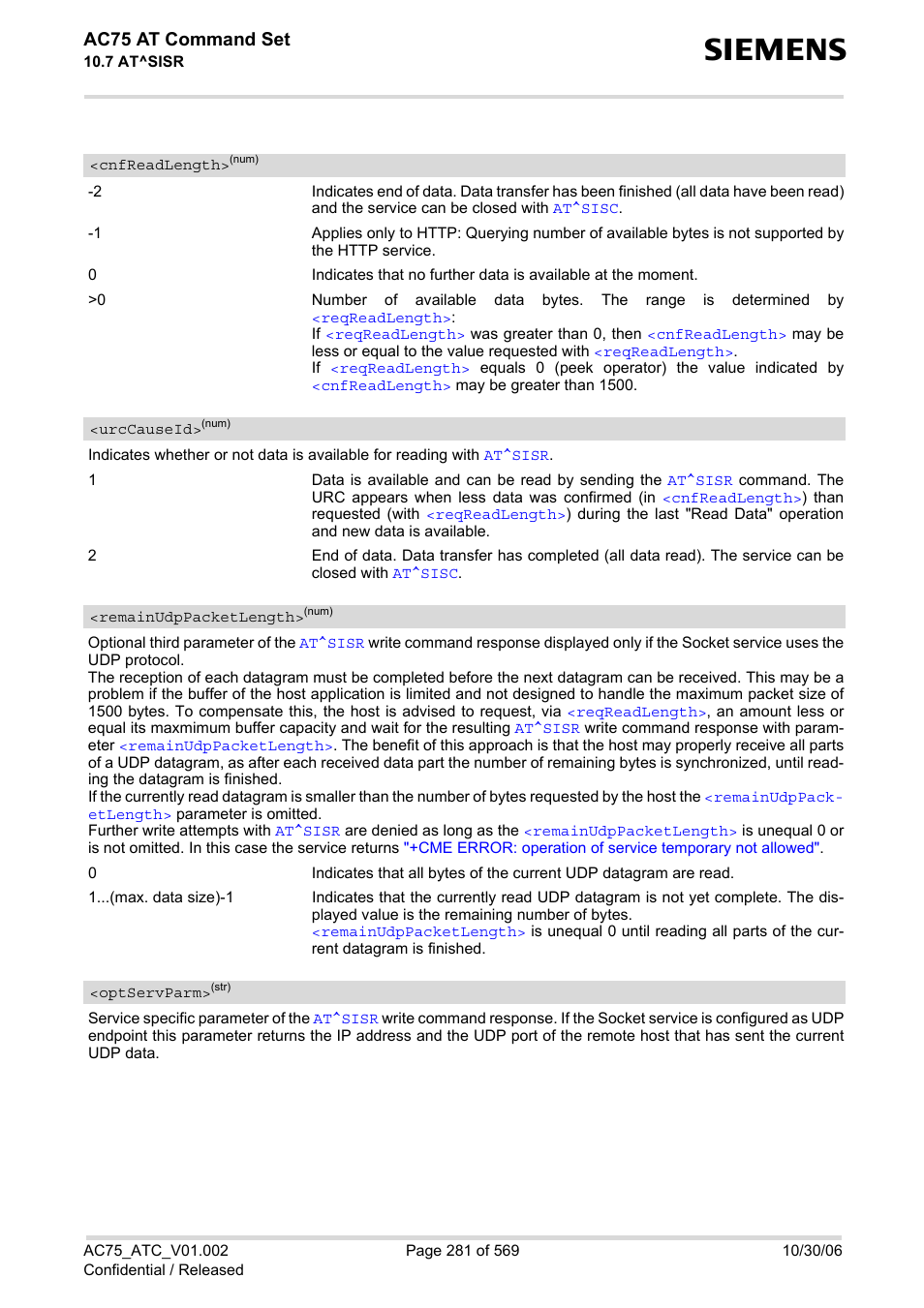 Cnfreadlength, Urccauseid, Remainudppacketlength | Optservparm, If p, Ac75 at command set | Siemens AC75 User Manual | Page 281 / 569