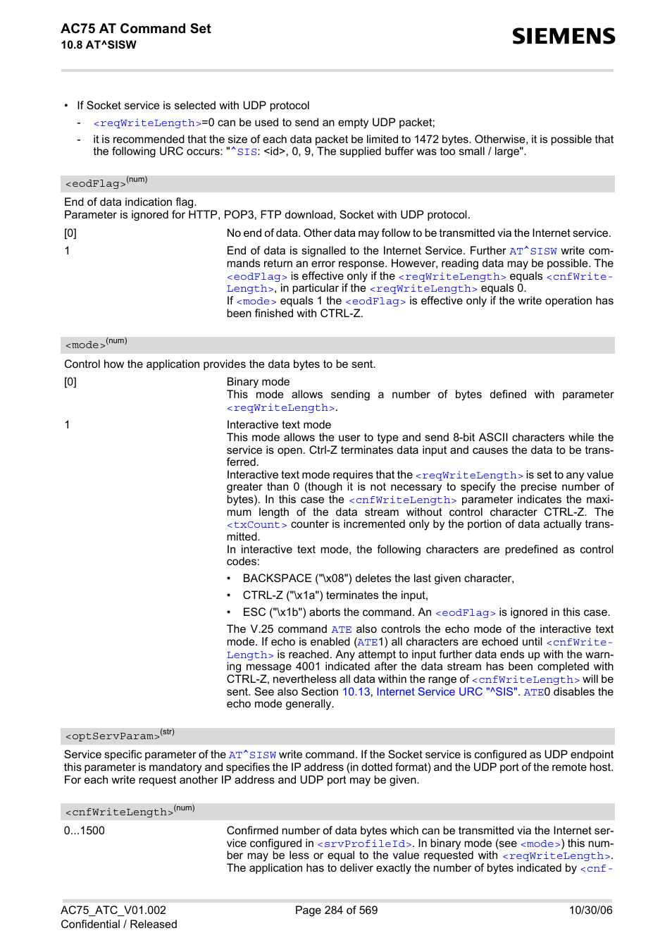 Eodflag, In the, Writelength | E.g. at^sisw=9,0,1, Cnfwrite, Length, If ne, Ac75 at command set | Siemens AC75 User Manual | Page 284 / 569