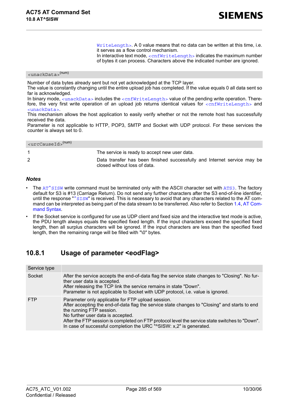 1 usage of parameter <eodflag, Usage of parameter <eodflag, Unackdata | Ac75 at command set | Siemens AC75 User Manual | Page 285 / 569