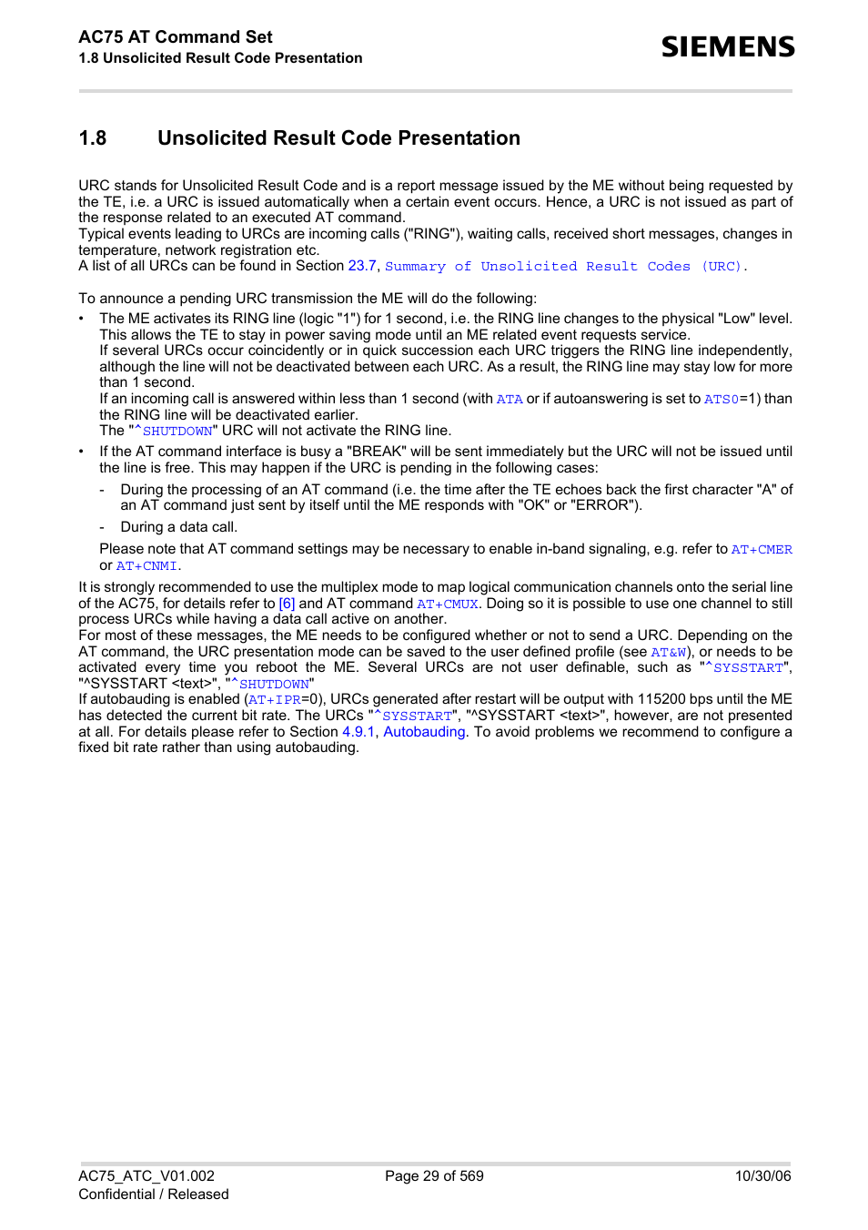 8 unsolicited result code presentation, Unsolicited result code presentation, Ac75 at command set | Siemens AC75 User Manual | Page 29 / 569