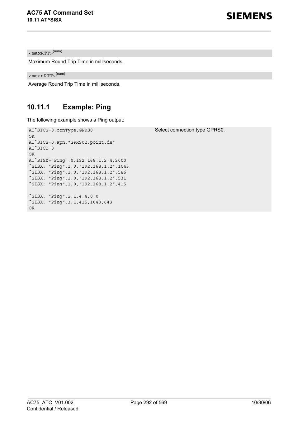 1 example: ping, Maxrtt, Meanrtt | Siemens AC75 User Manual | Page 292 / 569