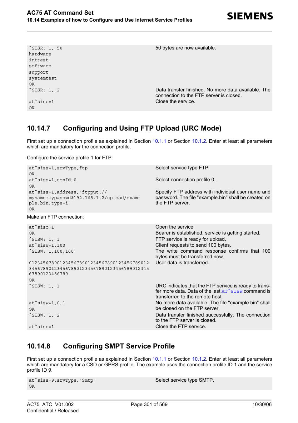 7 configuring and using ftp upload (urc mode), 8 configuring smpt service profile | Siemens AC75 User Manual | Page 301 / 569