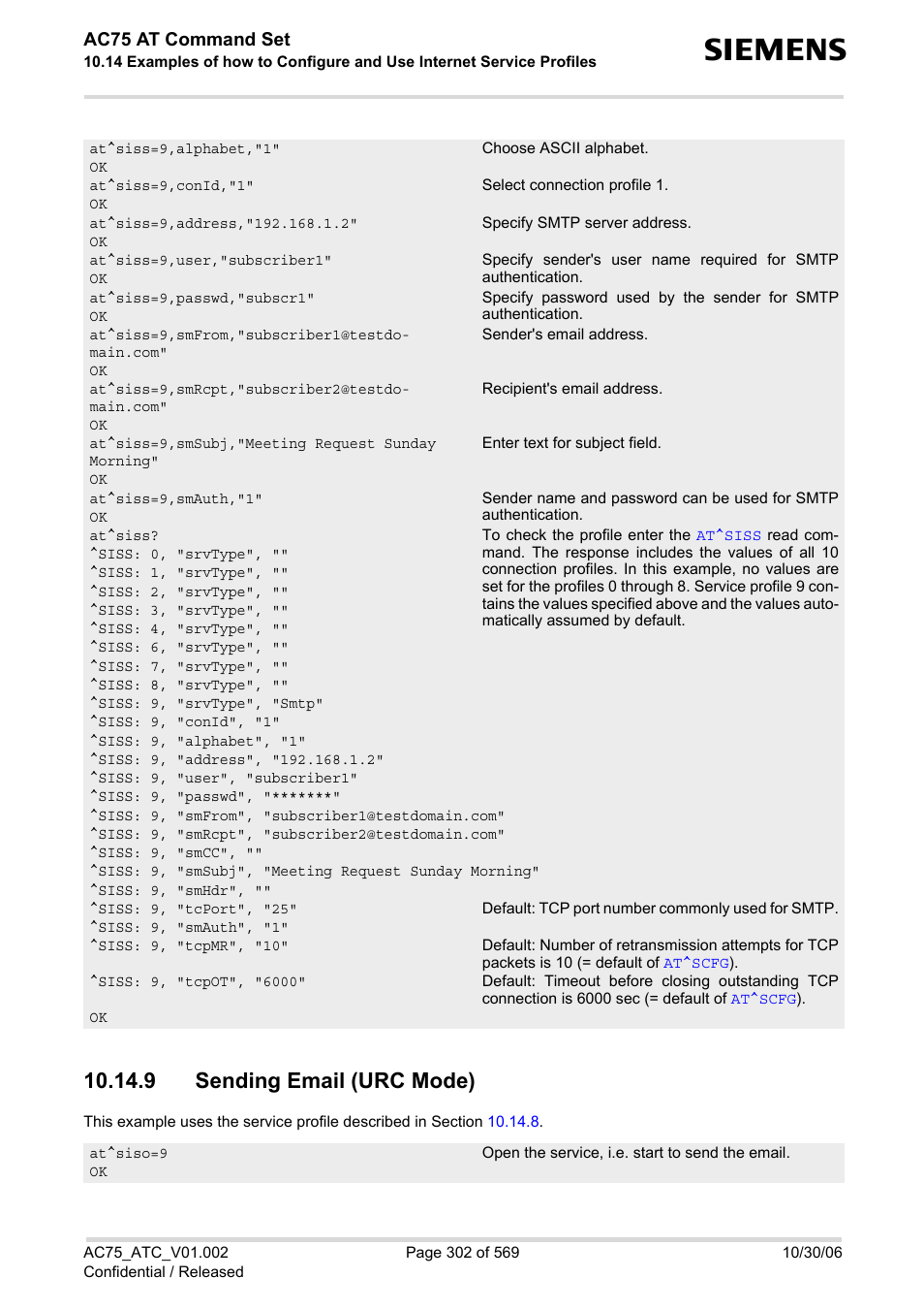 9 sending email (urc mode), Ac75 at command set | Siemens AC75 User Manual | Page 302 / 569