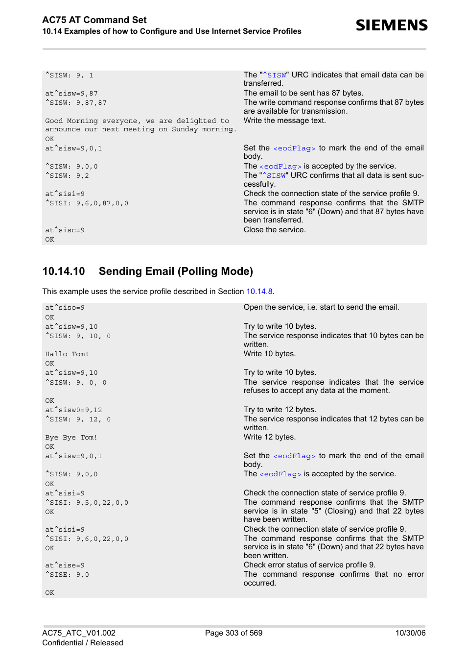 10 sending email (polling mode), Ac75 at command set | Siemens AC75 User Manual | Page 303 / 569