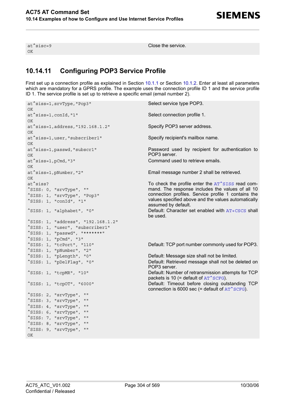 11 configuring pop3 service profile, Ac75 at command set | Siemens AC75 User Manual | Page 304 / 569