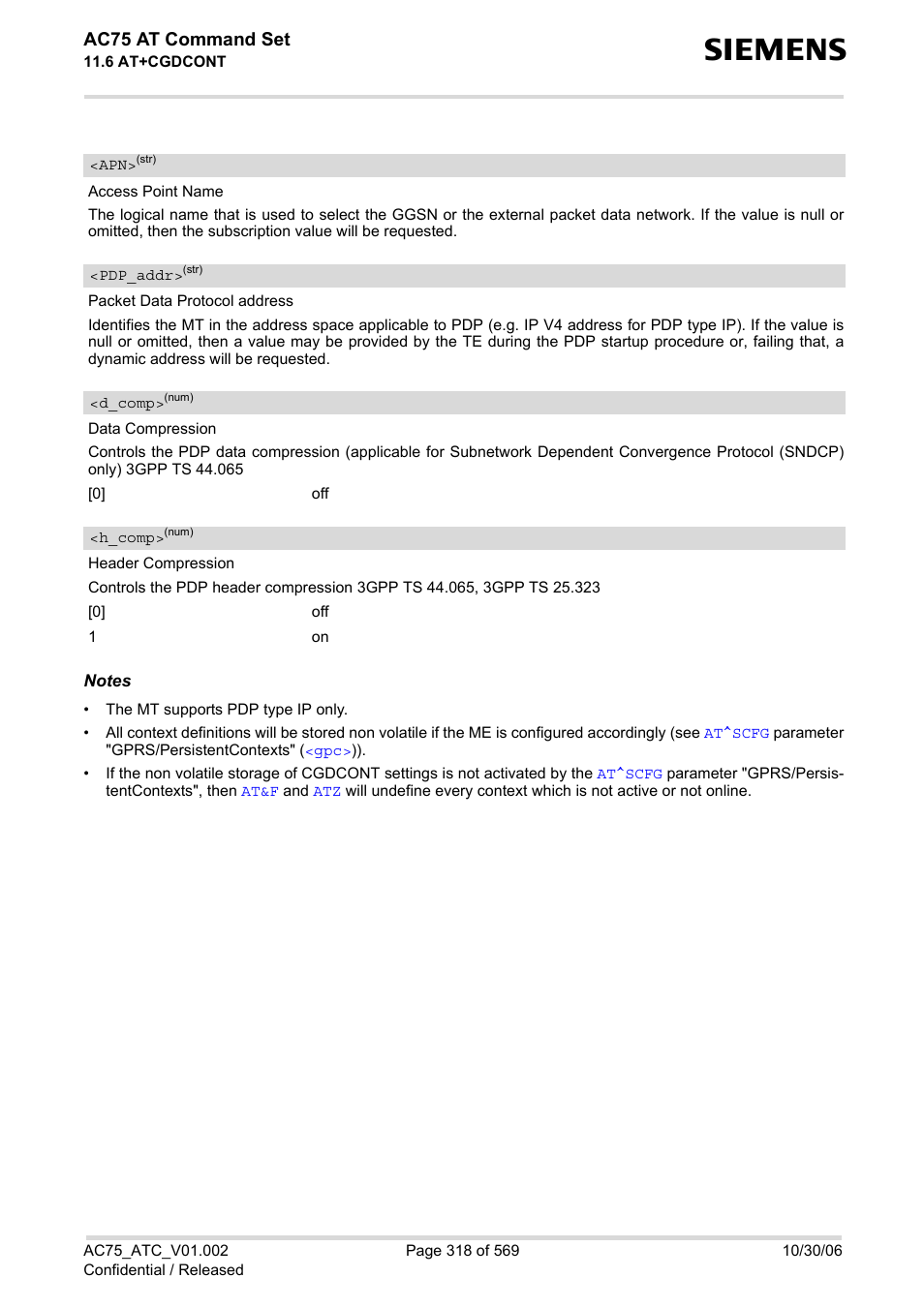 Pdp_addr, D_comp, S), (list of su | H_comp, Ac75 at command set | Siemens AC75 User Manual | Page 318 / 569