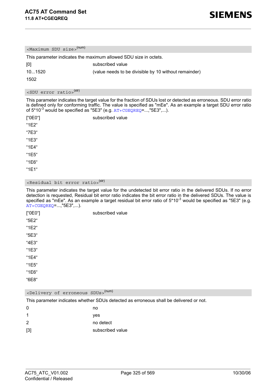 Maximum sdu size, Sdu error ratio, Residual bit error ratio | Delivery of erroneous sdus, Maximum sdu, Size, Delivery of erroneous, Sdus, Ac75 at command set | Siemens AC75 User Manual | Page 325 / 569