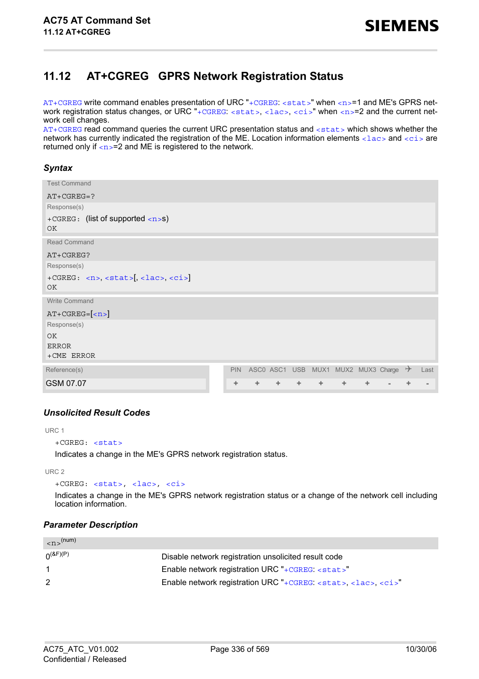 12 at+cgreg gprs network registration status, Ac75 at command set | Siemens AC75 User Manual | Page 336 / 569