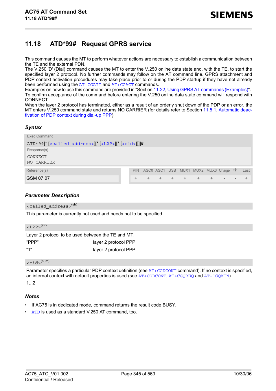 18 atd*99# request gprs service, Atd*99, Gprs | Ac75 at command set | Siemens AC75 User Manual | Page 345 / 569