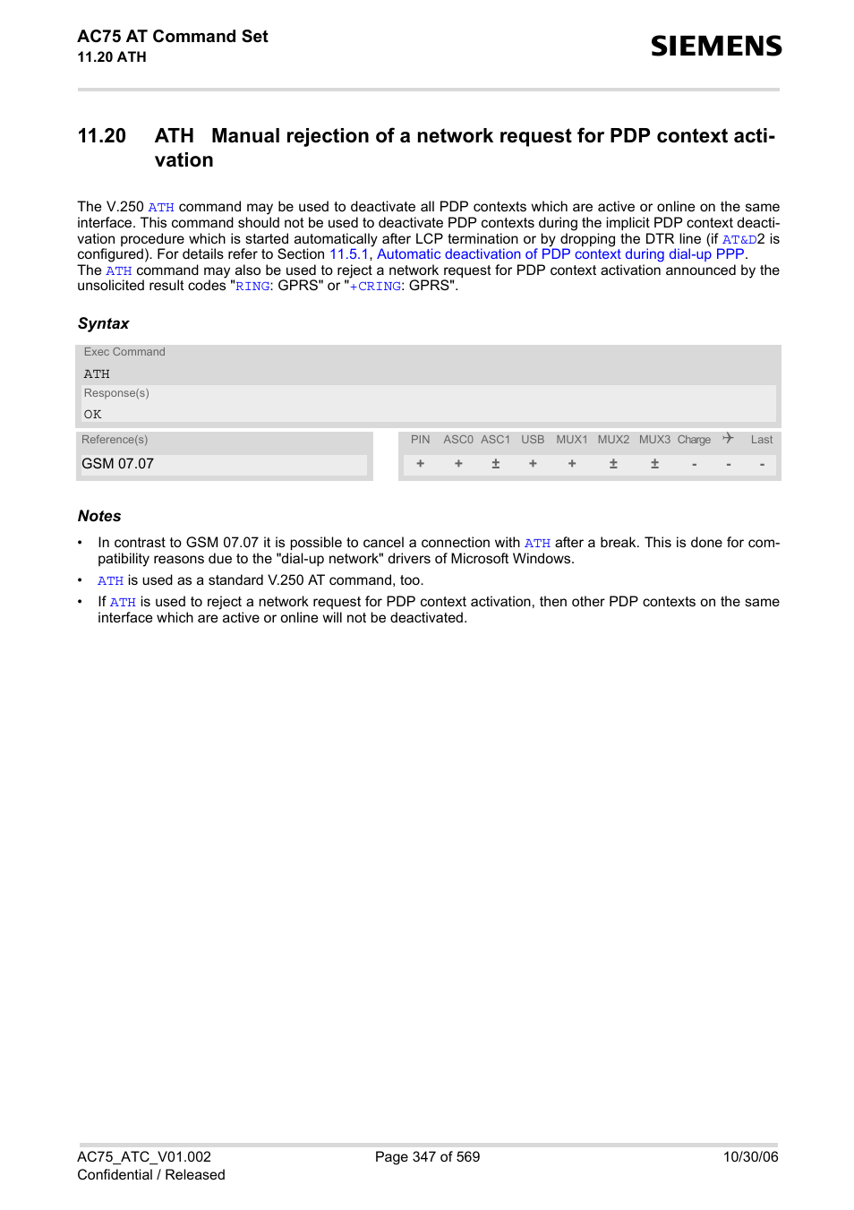 Aces (see also chapter, Commands, respec, Ac75 at command set | Siemens AC75 User Manual | Page 347 / 569