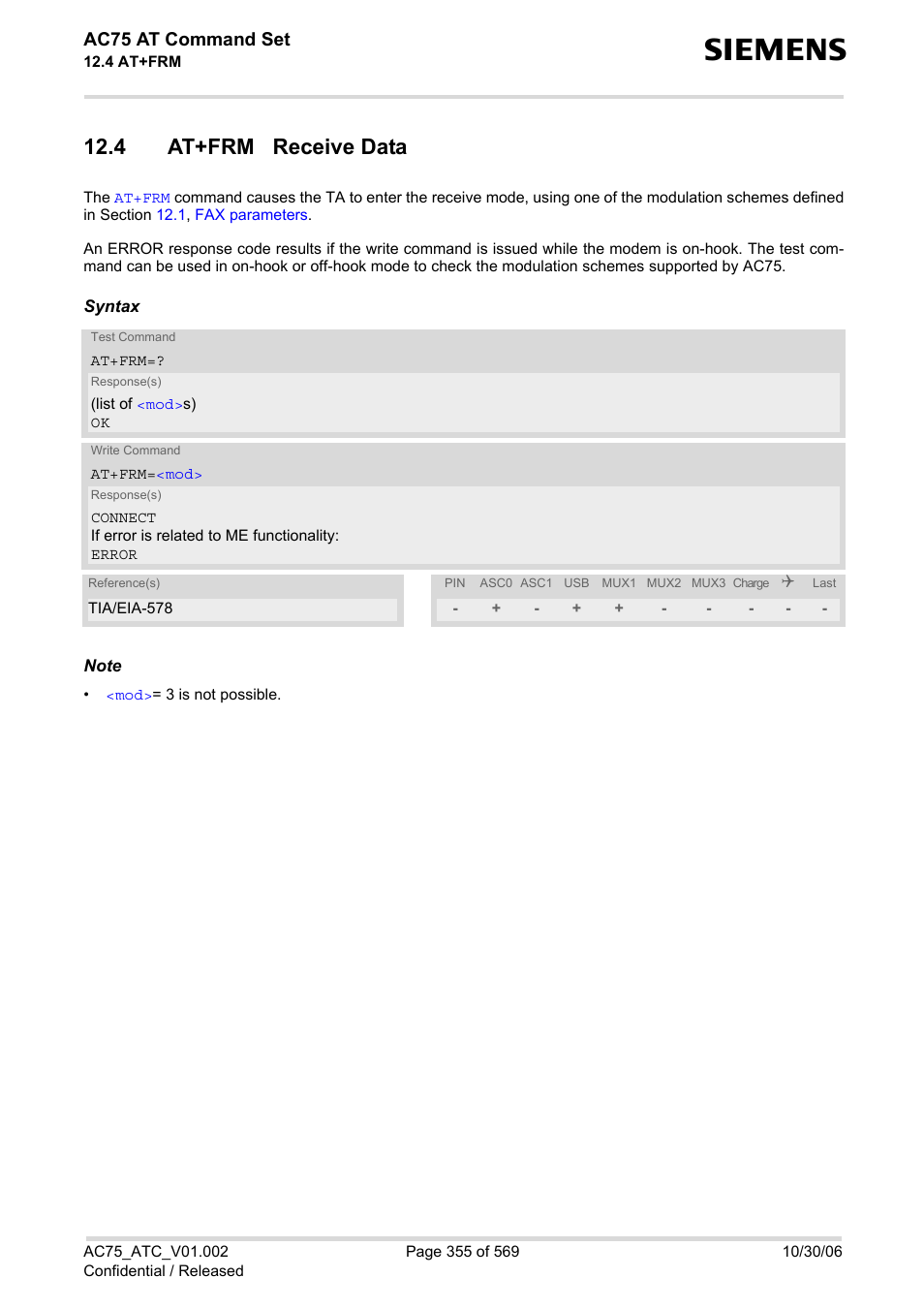 4 at+frm receive data, While, At+frm | Ac75 at command set | Siemens AC75 User Manual | Page 355 / 569