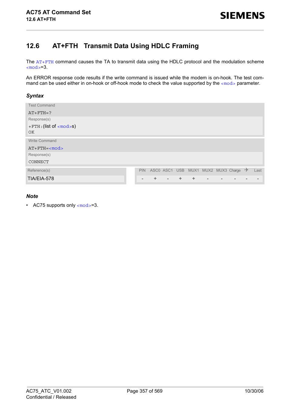 6 at+fth transmit data using hdlc framing, At+fth, Ac75 at command set | Siemens AC75 User Manual | Page 357 / 569