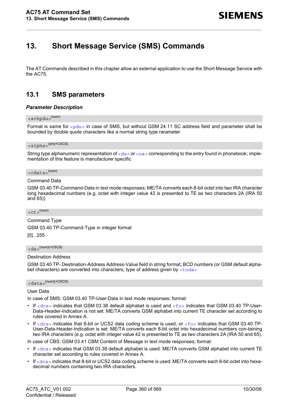 Short message service (sms) commands, 1 sms parameters, Ac75 at command set | Siemens AC75 User Manual | Page 360 / 569