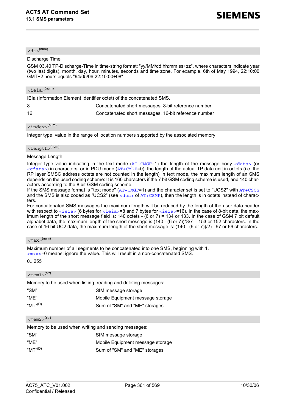 Mem1, Mem2, Ac75 at command set | Siemens AC75 User Manual | Page 361 / 569