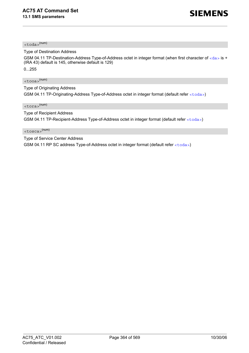 Toda, Tooa, Tora | N by, Tosca, Ac75 at command set | Siemens AC75 User Manual | Page 364 / 569