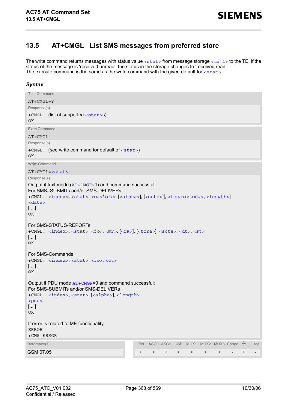 5 at+cmgl list sms messages from preferred store, Ac75 at command set | Siemens AC75 User Manual | Page 368 / 569