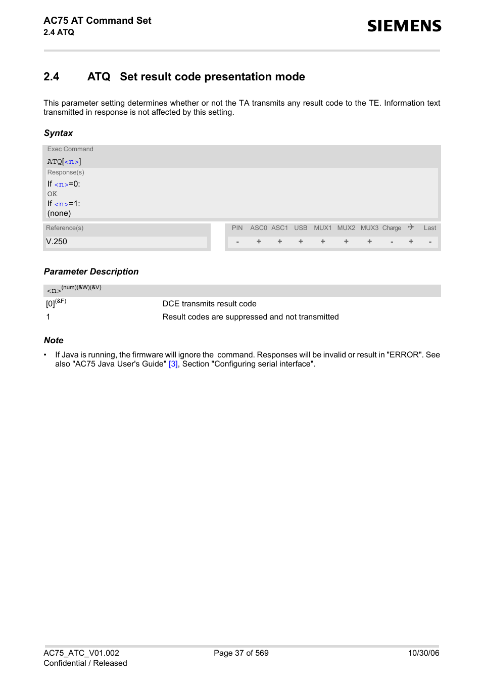 4 atq set result code presentation mode, Atq set result code presentation mode, Ac75 at command set | Siemens AC75 User Manual | Page 37 / 569