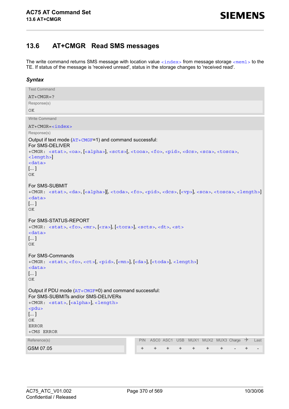 6 at+cmgr read sms messages, Ac75 at command set | Siemens AC75 User Manual | Page 370 / 569