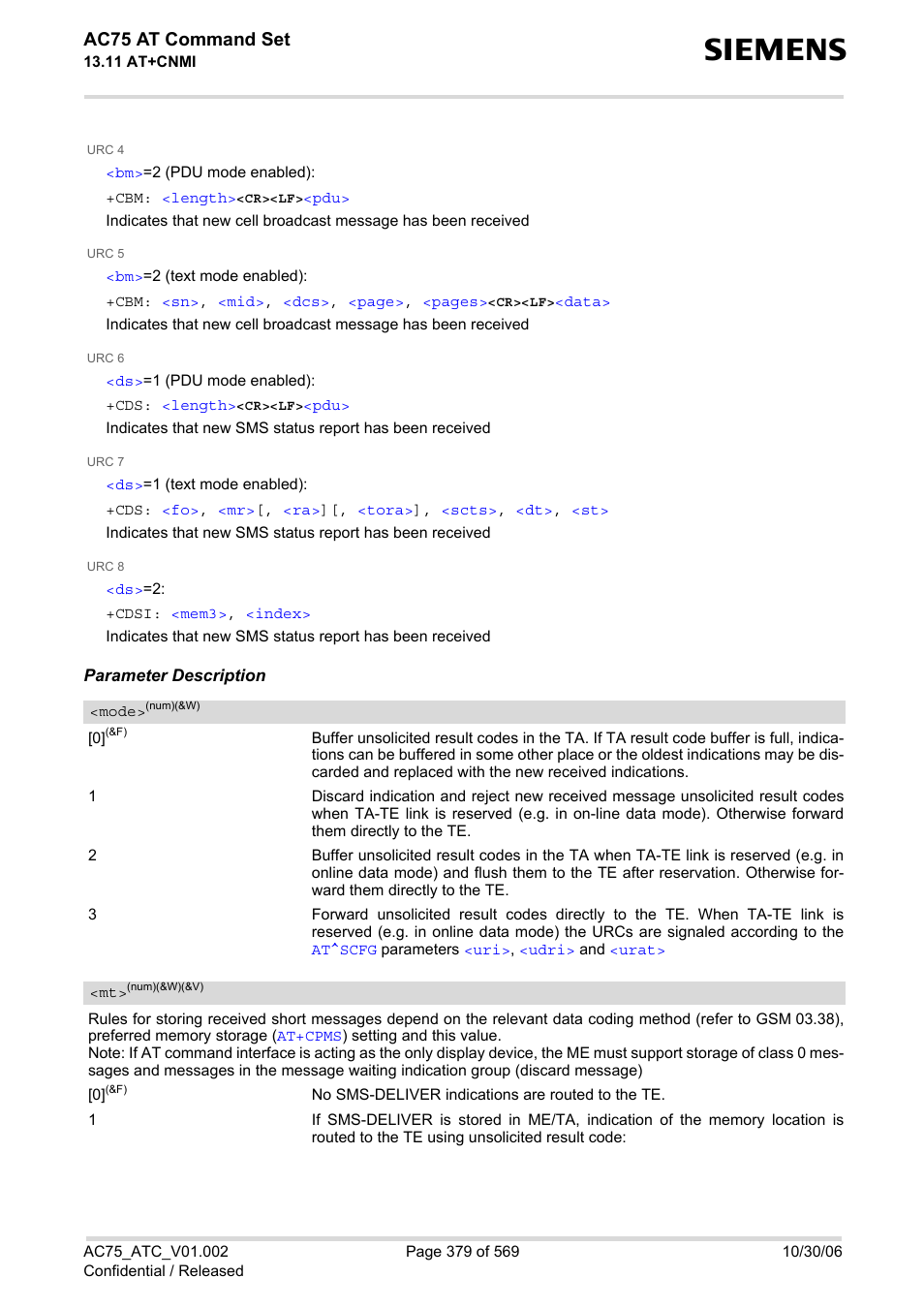 1, the, Mode, Cnmi | Ac75 at command set | Siemens AC75 User Manual | Page 379 / 569