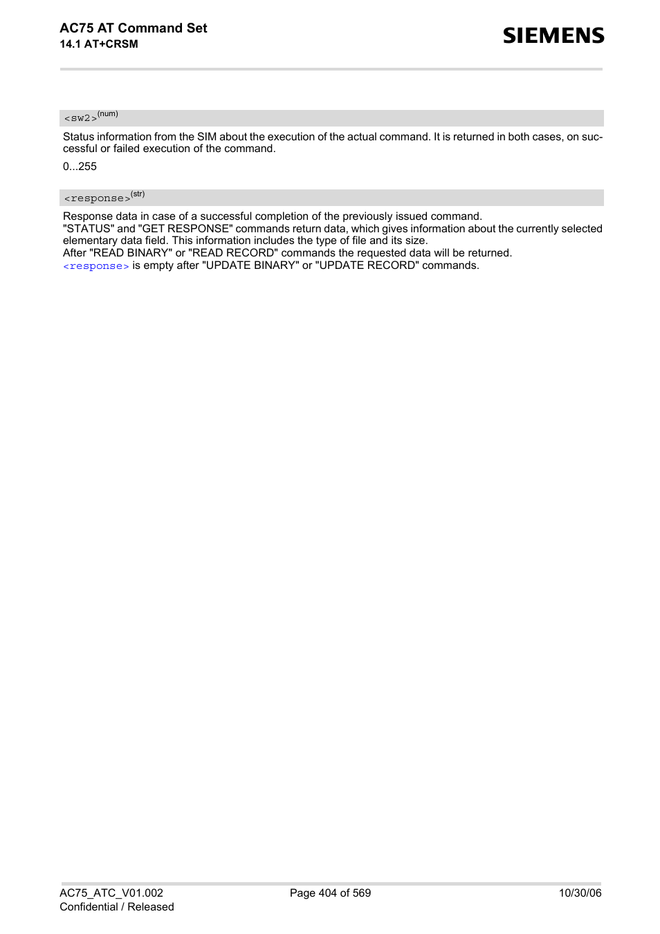 Response | Siemens AC75 User Manual | Page 404 / 569