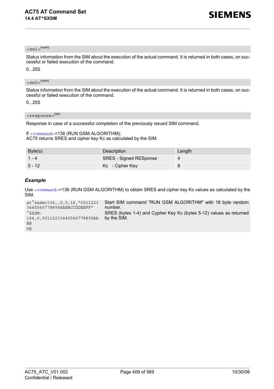 Sxsm, Response, Ac75 at command set | Siemens AC75 User Manual | Page 409 / 569