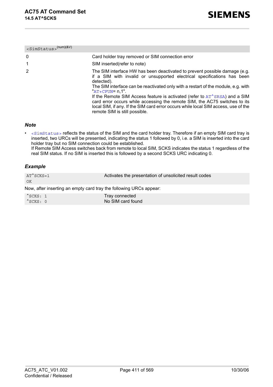 Simstatus, Ac75 at command set | Siemens AC75 User Manual | Page 411 / 569