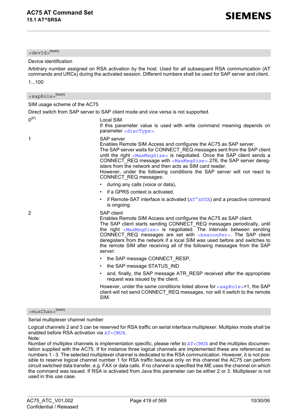 Devid, Saprole, Muxchan | Srsa, Ac75 at command set | Siemens AC75 User Manual | Page 419 / 569