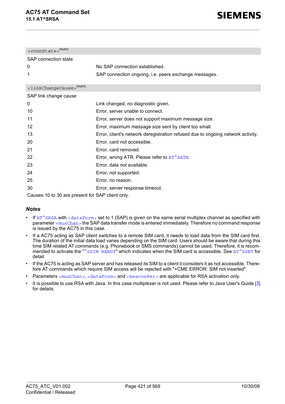 Connstate, Linkchangecause, Linkchange | Cause, With, 0 is, Ac75 at command set | Siemens AC75 User Manual | Page 421 / 569