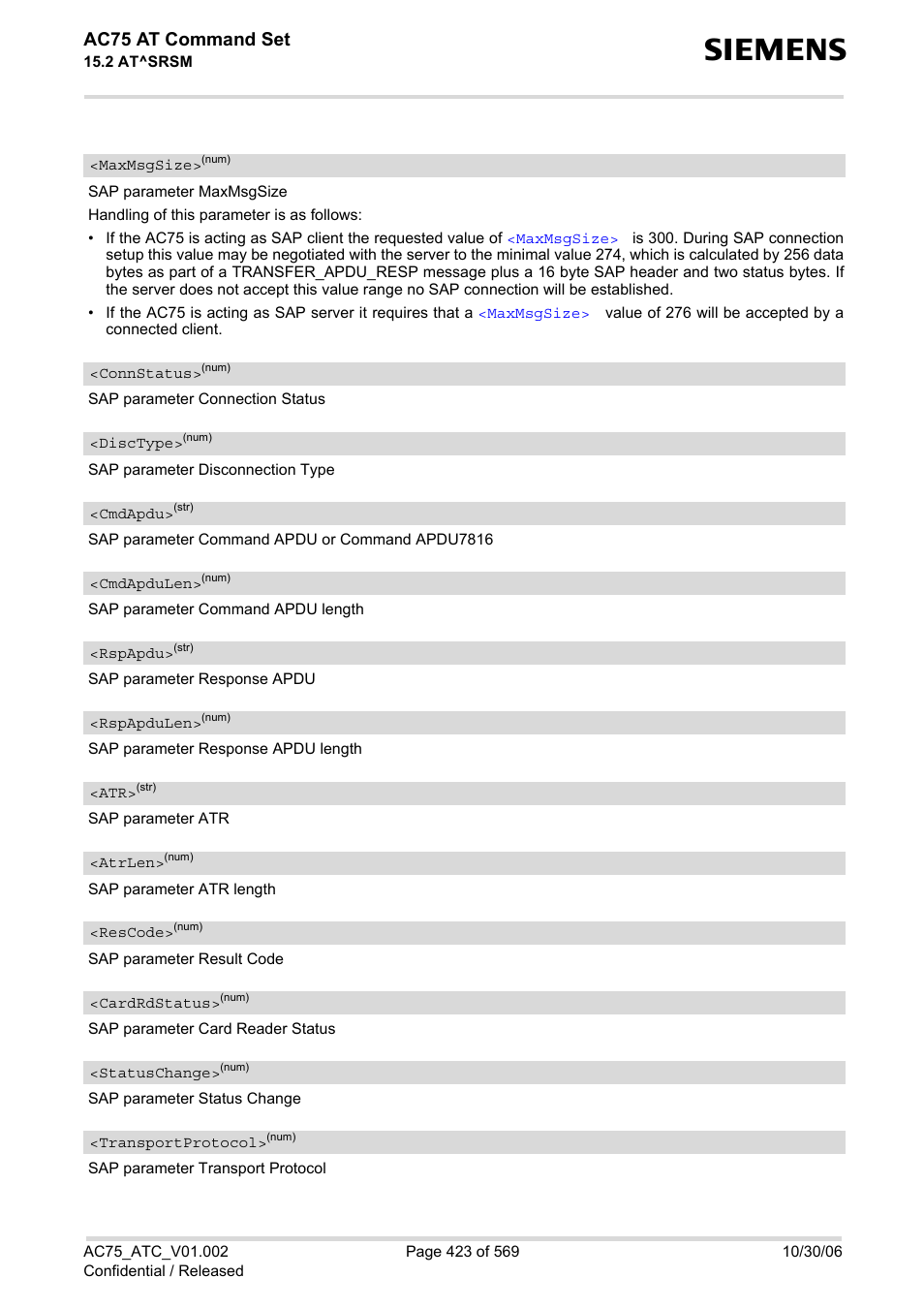 Maxmsgsize, Ac75 at command set | Siemens AC75 User Manual | Page 423 / 569