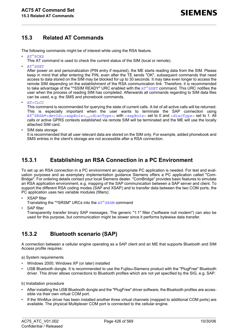 3 related at commands, 2 bluetooth scenario (sap), Establishing an rsa connection in a pc environment | Bluetooth scenario (sap) | Siemens AC75 User Manual | Page 426 / 569