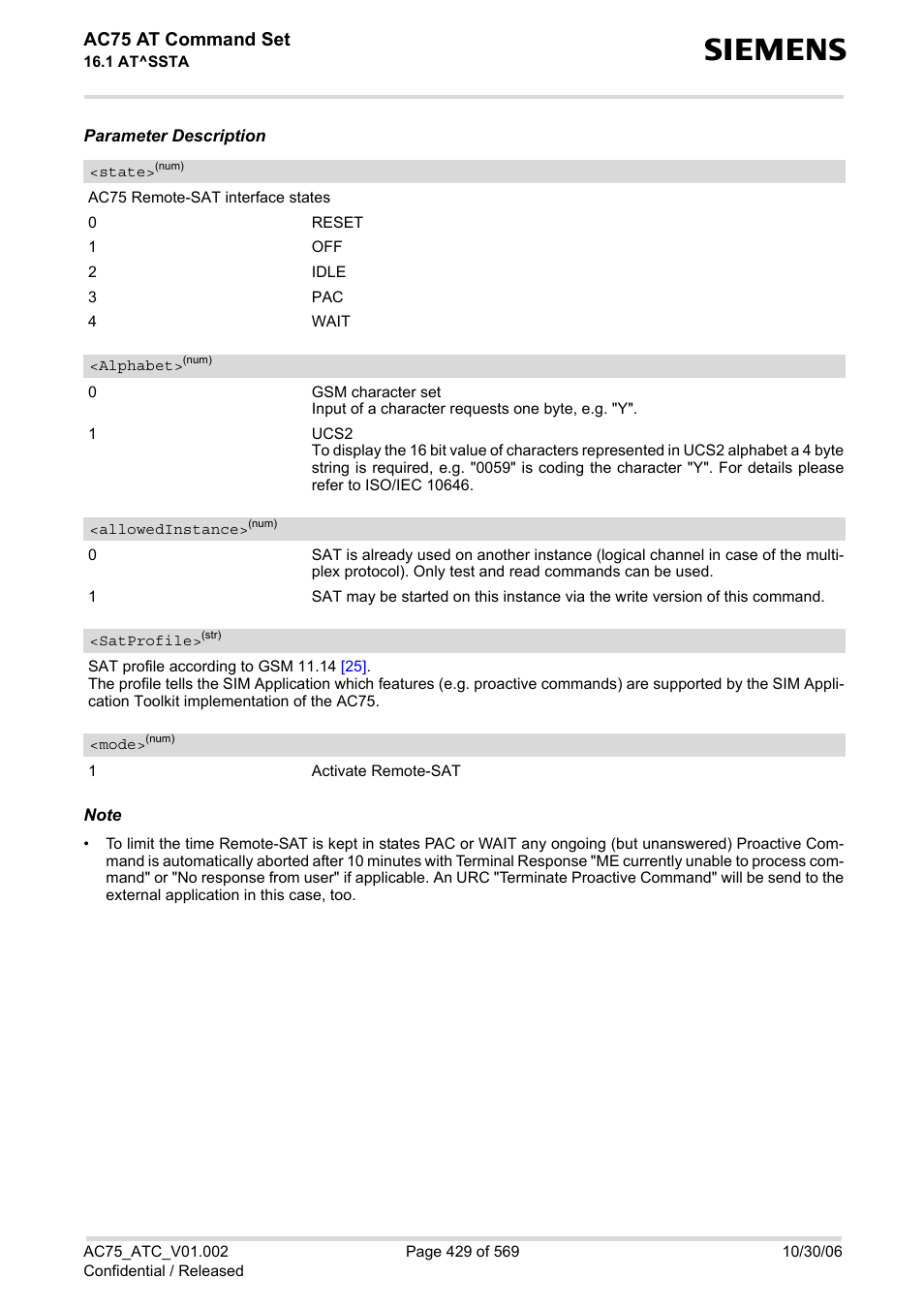 State, Alphabet, Ssta | Allowedinstance, Satprofile, Mode, Ac75 at command set | Siemens AC75 User Manual | Page 429 / 569