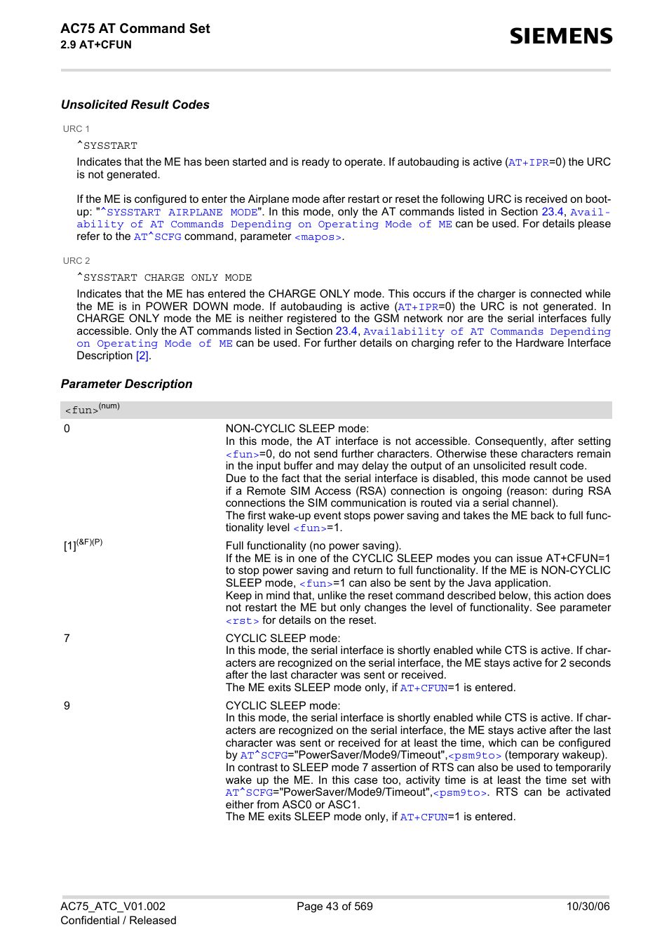 Sysstart, Mode, Cfun | Ac75 at command set | Siemens AC75 User Manual | Page 43 / 569