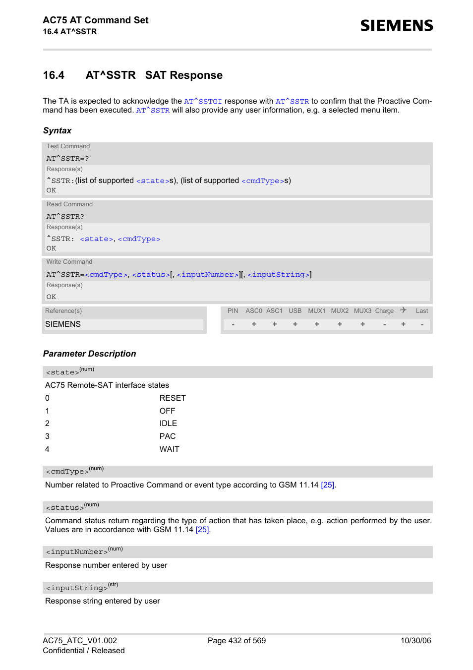 4 at^sstr sat response, At^sstr, To con | Rectly, i.e, Ac75 at command set | Siemens AC75 User Manual | Page 432 / 569