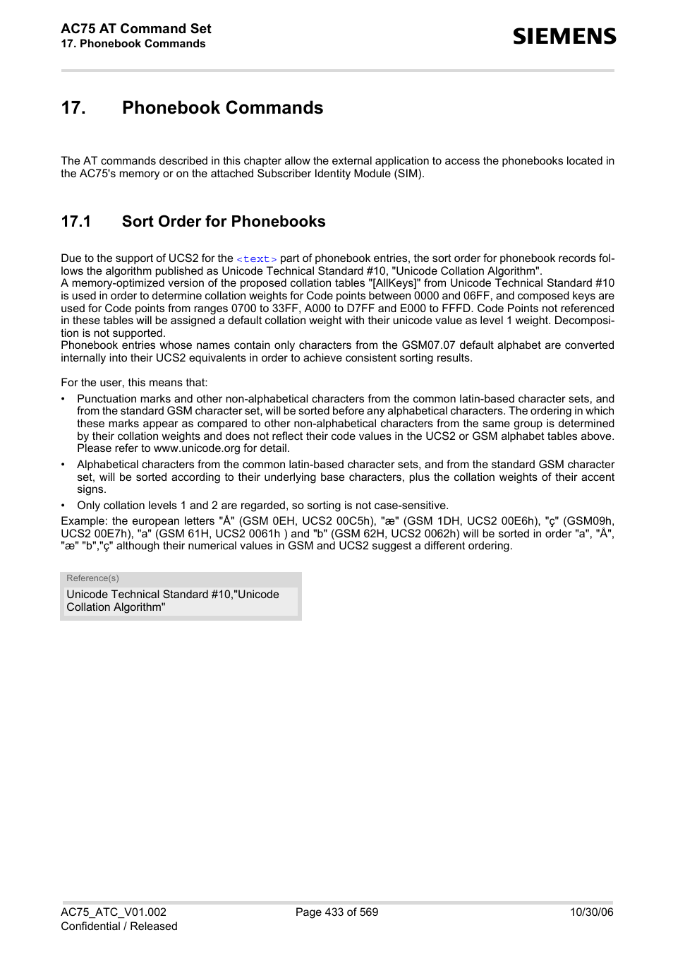 Phonebook commands, 1 sort order for phonebooks, Phonebook commands 17.1 sort order for phonebooks | Siemens AC75 User Manual | Page 433 / 569