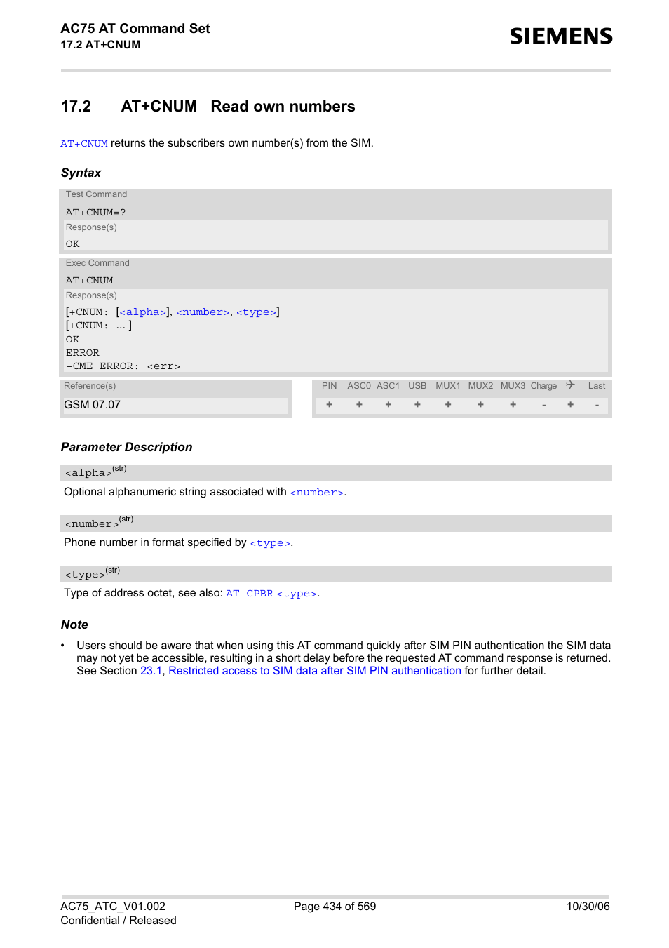 2 at+cnum read own numbers, Ac75 at command set | Siemens AC75 User Manual | Page 434 / 569