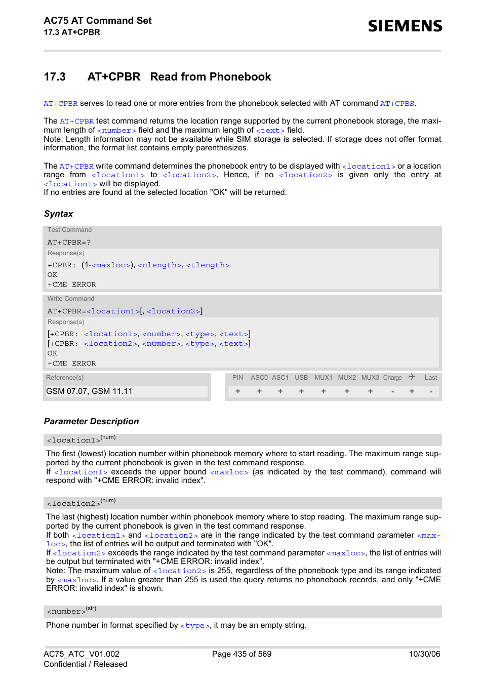 3 at+cpbr read from phonebook, At+cpbr, Ac75 at command set | Siemens AC75 User Manual | Page 435 / 569