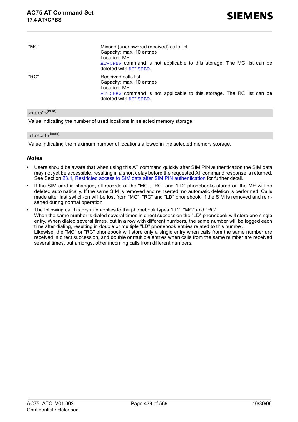 Used, Total, Ac75 at command set | Siemens AC75 User Manual | Page 439 / 569