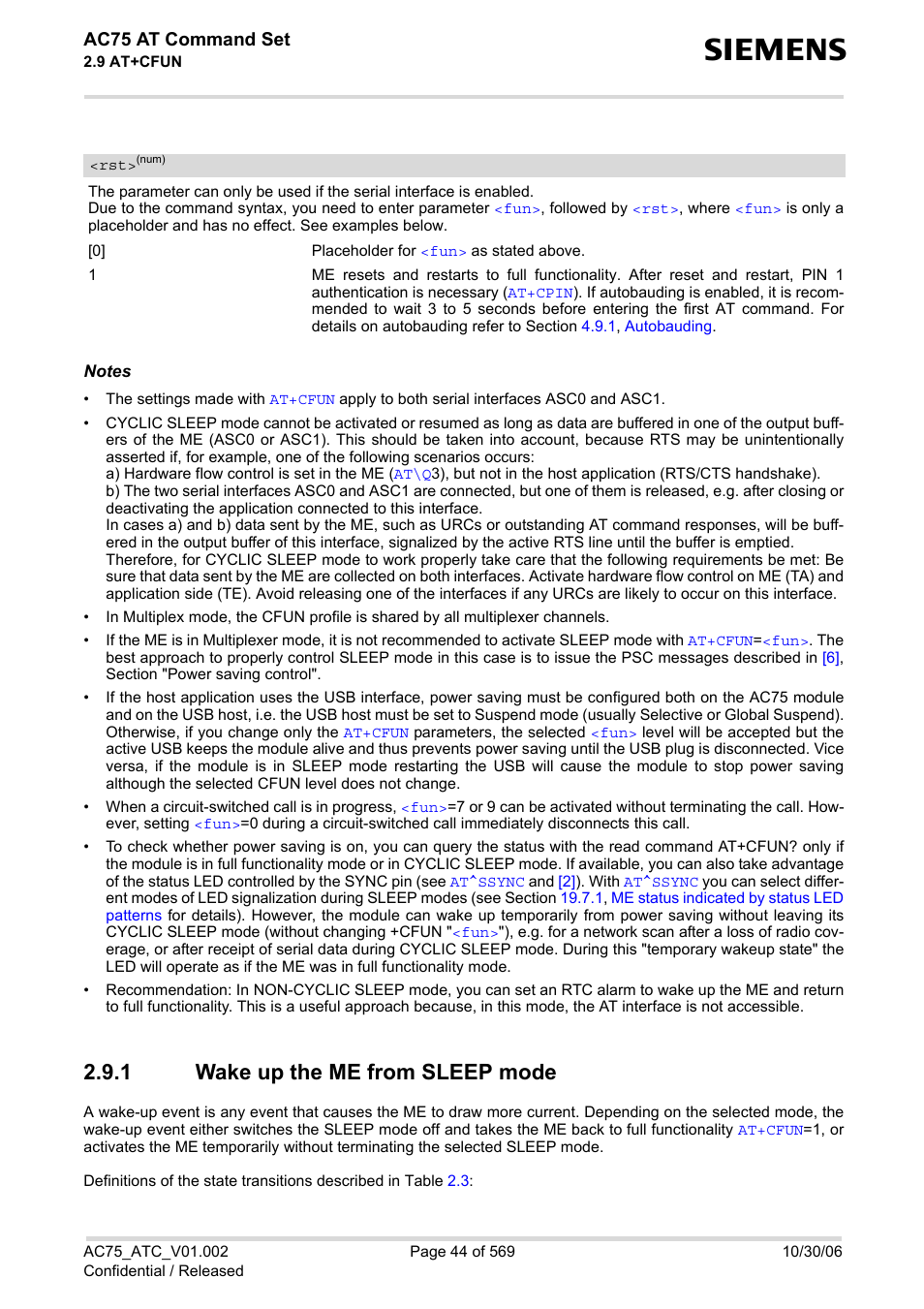 1 wake up the me from sleep mode, Wake up the me from sleep mode, Ac75 at command set | Siemens AC75 User Manual | Page 44 / 569