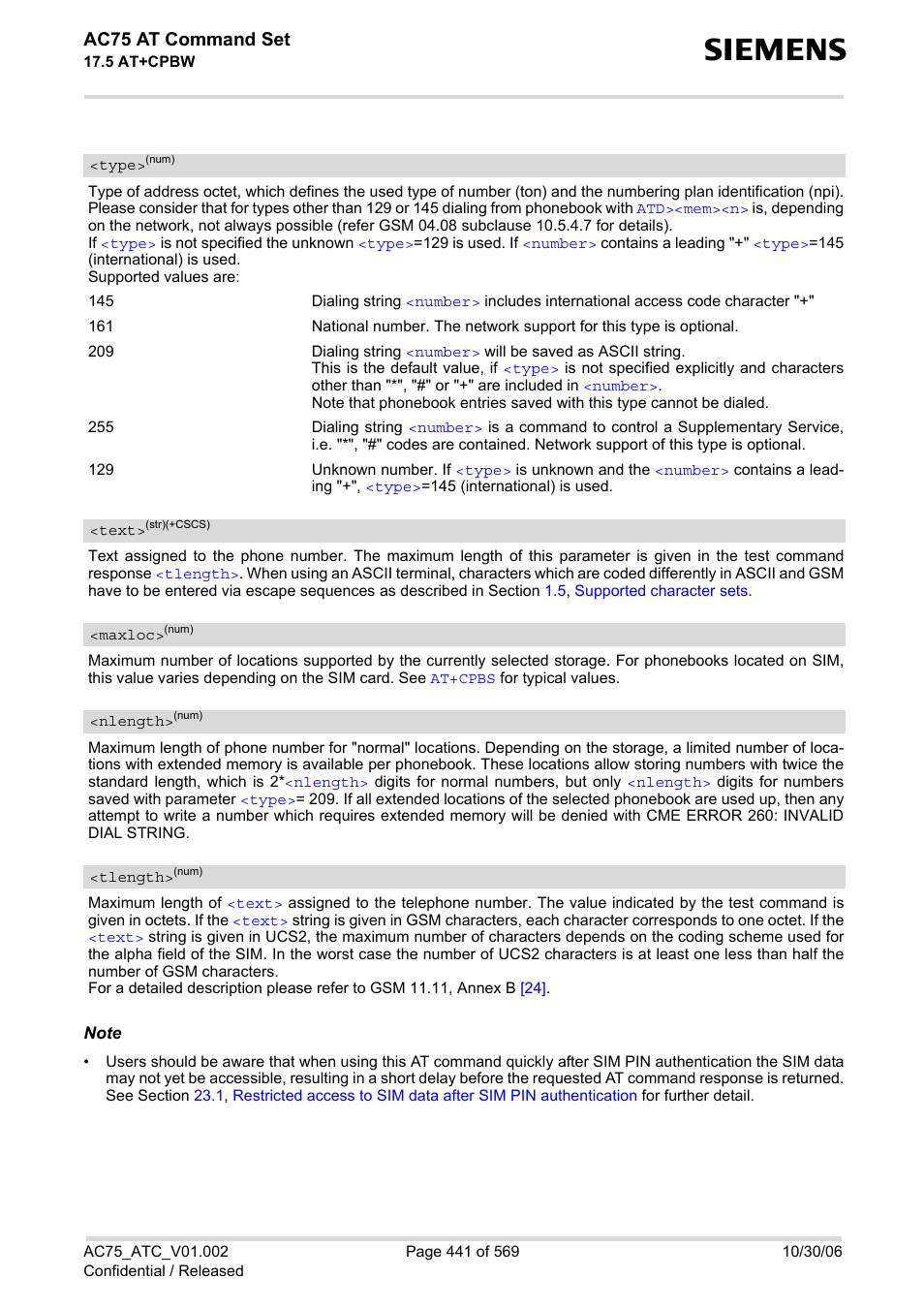 Text, Tlength, Type | Nlength, Maxloc, Ac75 at command set | Siemens AC75 User Manual | Page 441 / 569