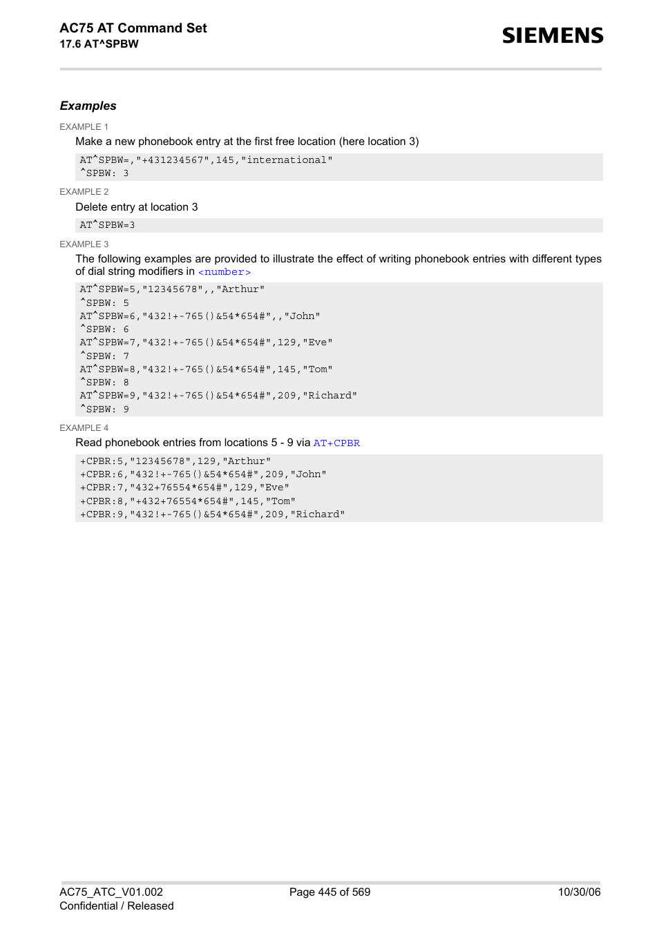 Ac75 at command set, Examples | Siemens AC75 User Manual | Page 445 / 569