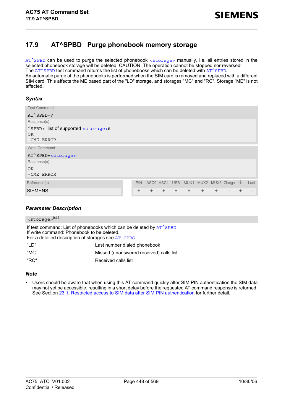 9 at^spbd purge phonebook memory storage, With, At^spbd | Ac75 at command set | Siemens AC75 User Manual | Page 448 / 569