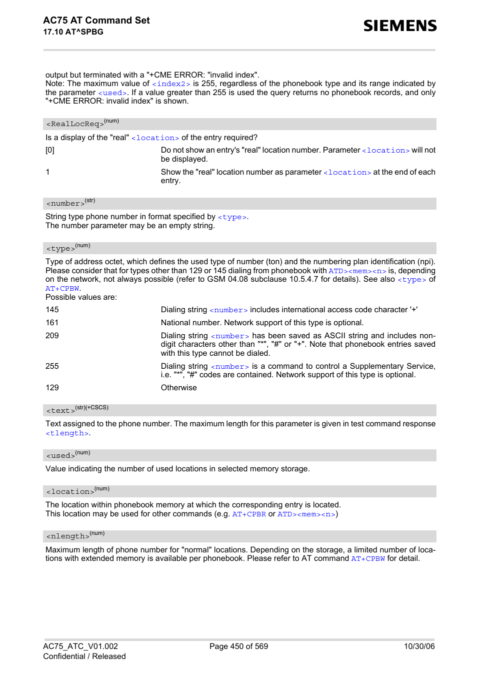 Reallocreq, Location, Used | Nlength, Number, Type, Text, Ac75 at command set | Siemens AC75 User Manual | Page 450 / 569