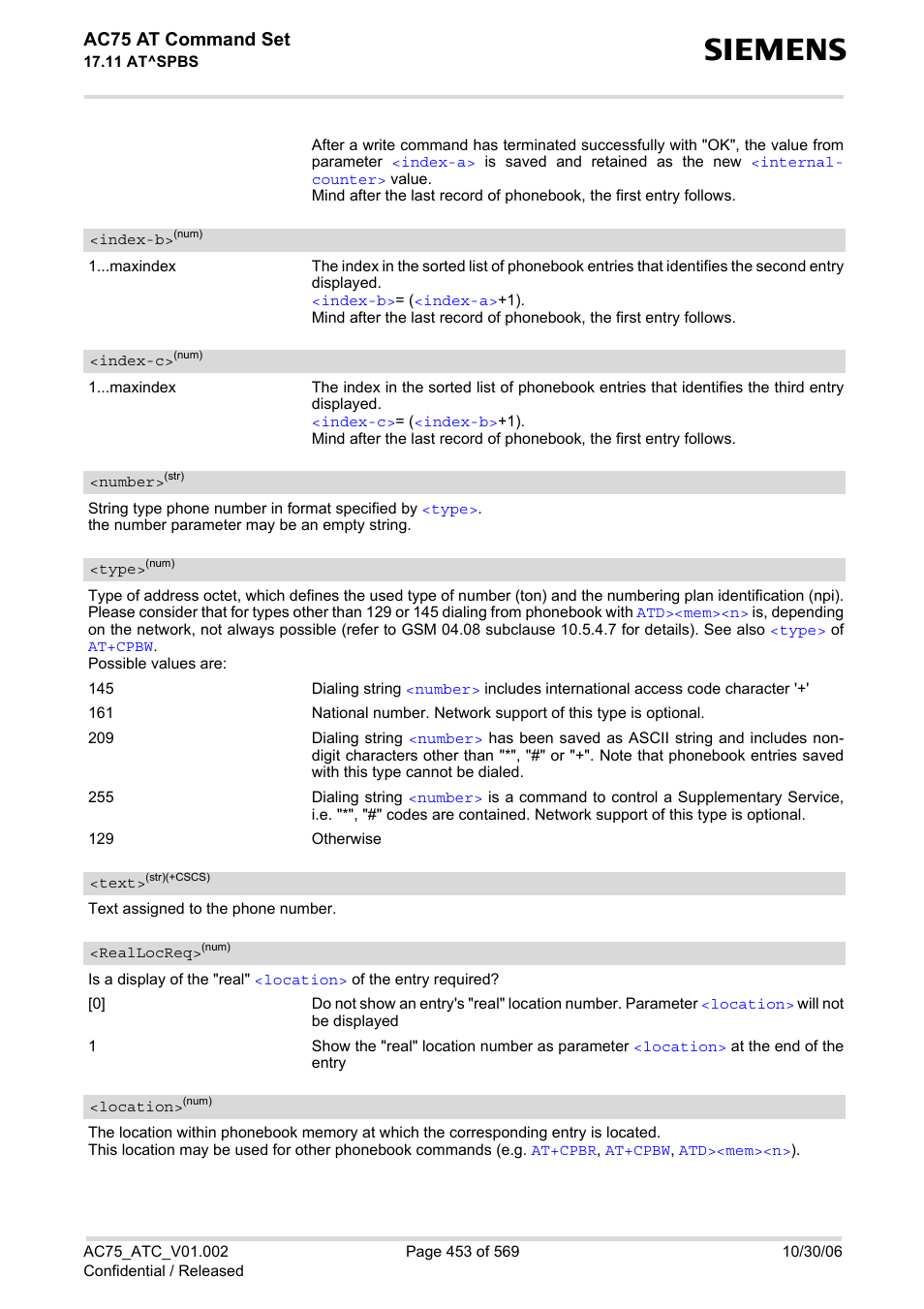 Reallocreq, Location, Number | Type, Text, Spbs, Index-b, Index-c, Ac75 at command set | Siemens AC75 User Manual | Page 453 / 569