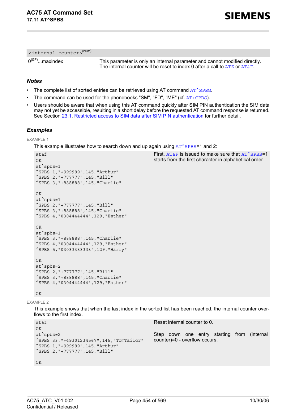 Inter, Nal-counter, Internal | Counter, Value, Ac75 at command set | Siemens AC75 User Manual | Page 454 / 569