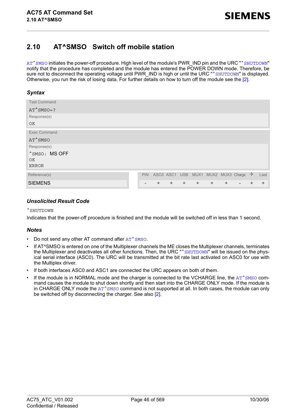 10 at^smso switch off mobile station, Shutdown, Sysstart <text | Ac75 at command set | Siemens AC75 User Manual | Page 46 / 569