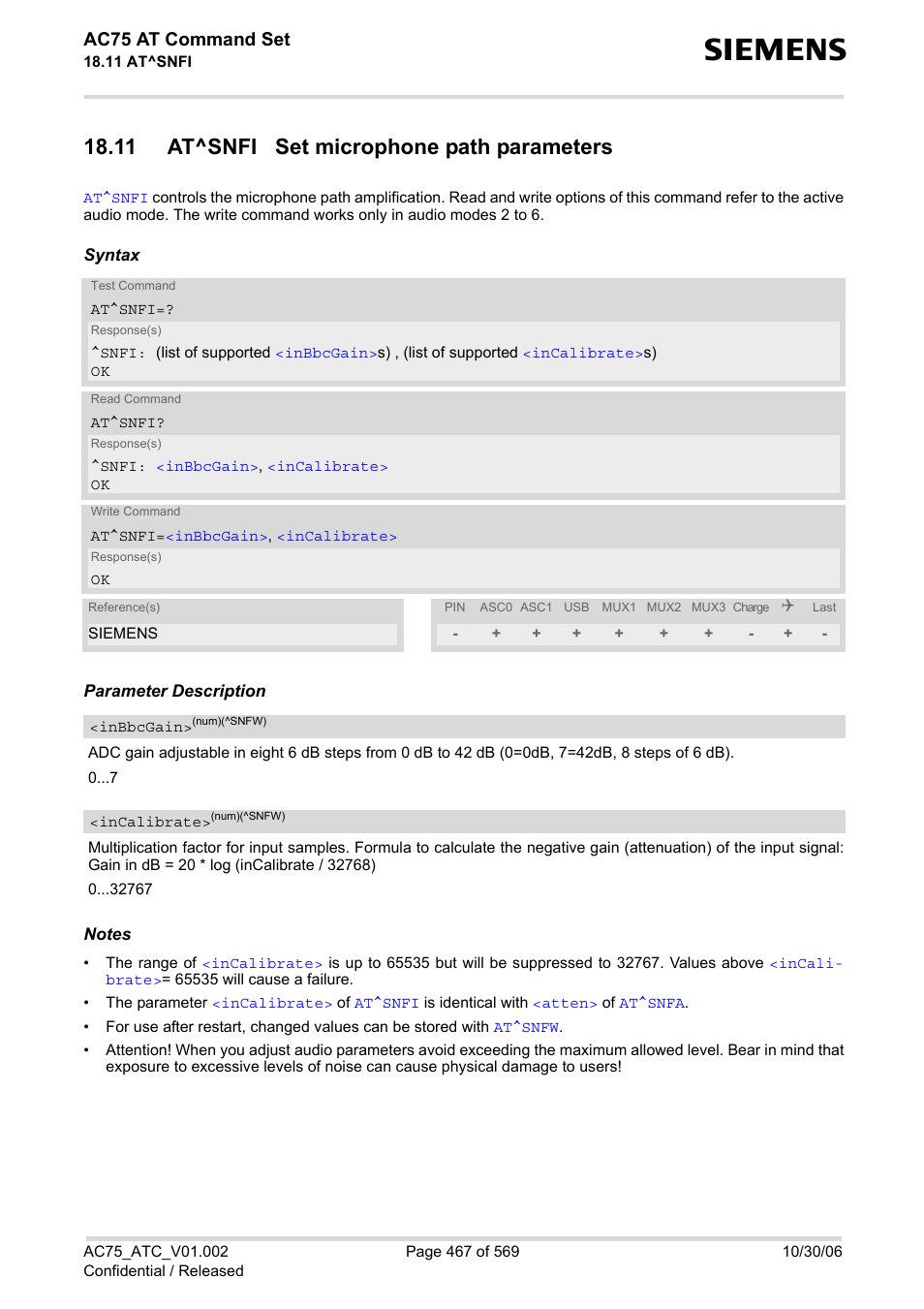 11 at^snfi set microphone path parameters, Incalibrate, Inbbcgain | At^snfi, Ac75 at command set | Siemens AC75 User Manual | Page 467 / 569